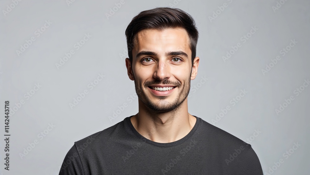 Obraz premium Portrait of positive Europen man pictured isolated on gray background