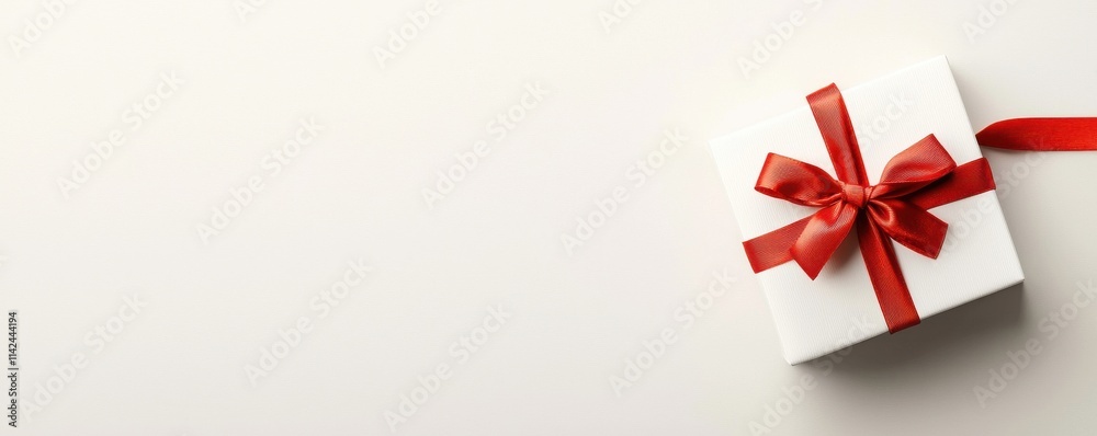 Gift box with red ribbon displayed on white surface Gift box with red ribbon displayed on white surface