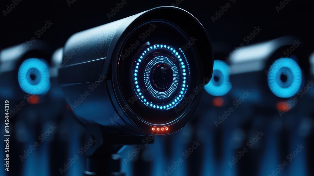 High-tech surveillance camera with glowing blue lights monitoring an area. High-tech surveillance camera with glowing blue lights monitoring an area.