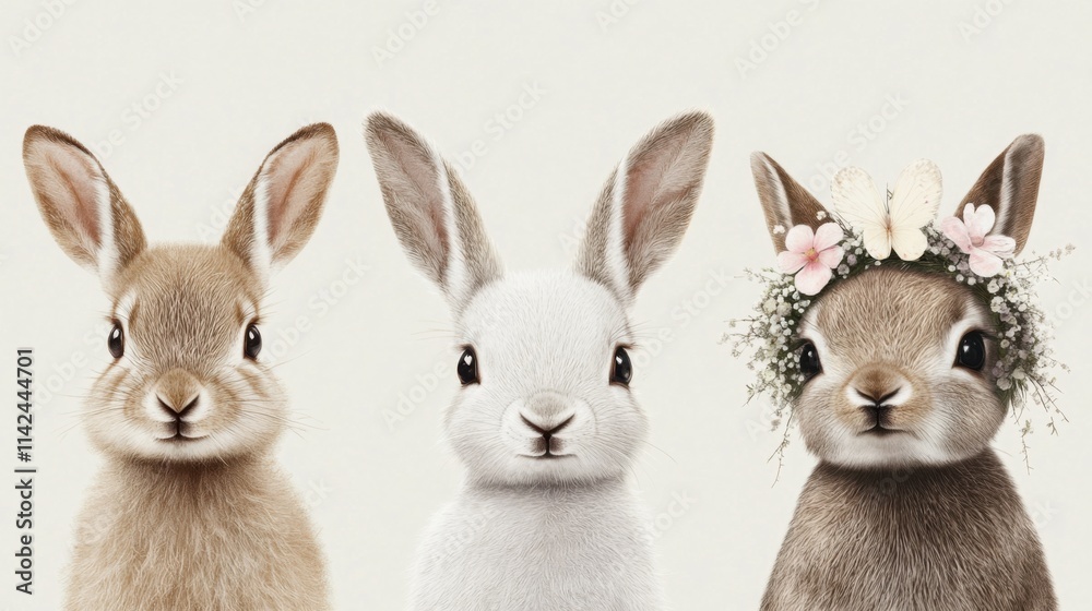 Fototapeta premium Three adorable rabbits with unique expressions and floral accessories