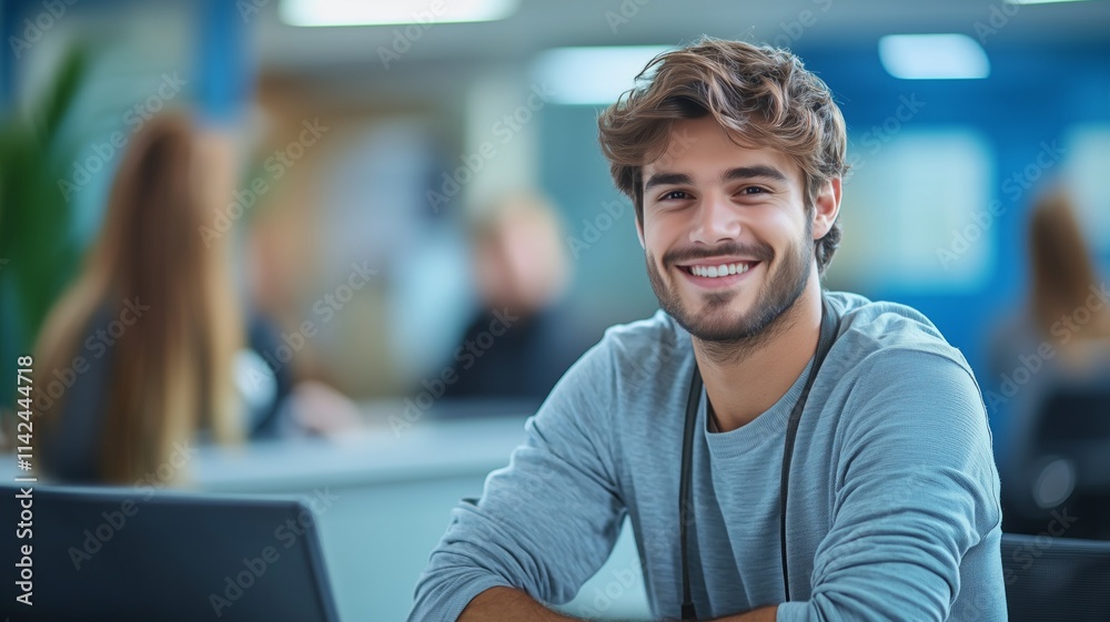Smiling man in a casual office setting, seated at a desk with colleagues nearby. Smiling man in a casual office setting, seated at a desk with colleagues nearby.