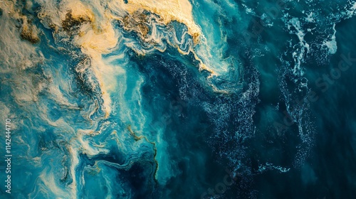 Painting of the ocean with a lot of blue and gold swirls. The painting has a lot of movement and depth, making it look like the ocean is constantly changing. The colors of the painting are vibrant