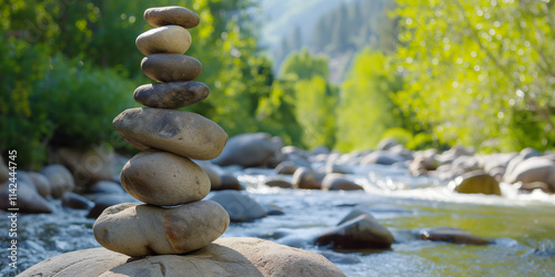 Balanced rocks alongside a serene river, symbolizing harmony and natural beauty. photo