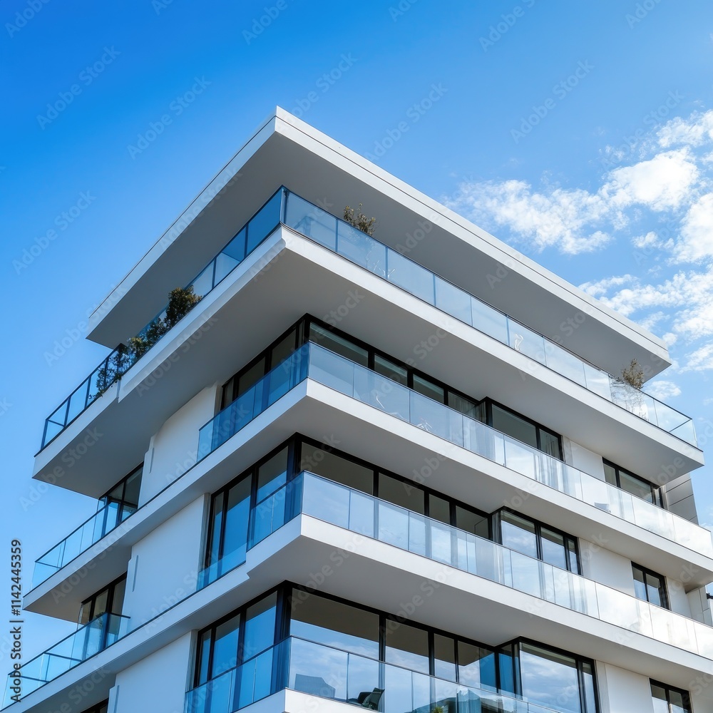 This image showcases a side view of a modern apartment building with balconies featuring glass railings This image showcases a side view of a modern apartment building with balconies featuring glass railings