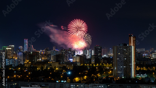 Fireworks on the Victory Day in Yekaterinburg over the city photo