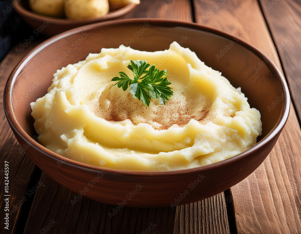 Closeup of bowl of mashed potatoes on a rustic wooden table Closeup of bowl of mashed potatoes on a rustic wooden table