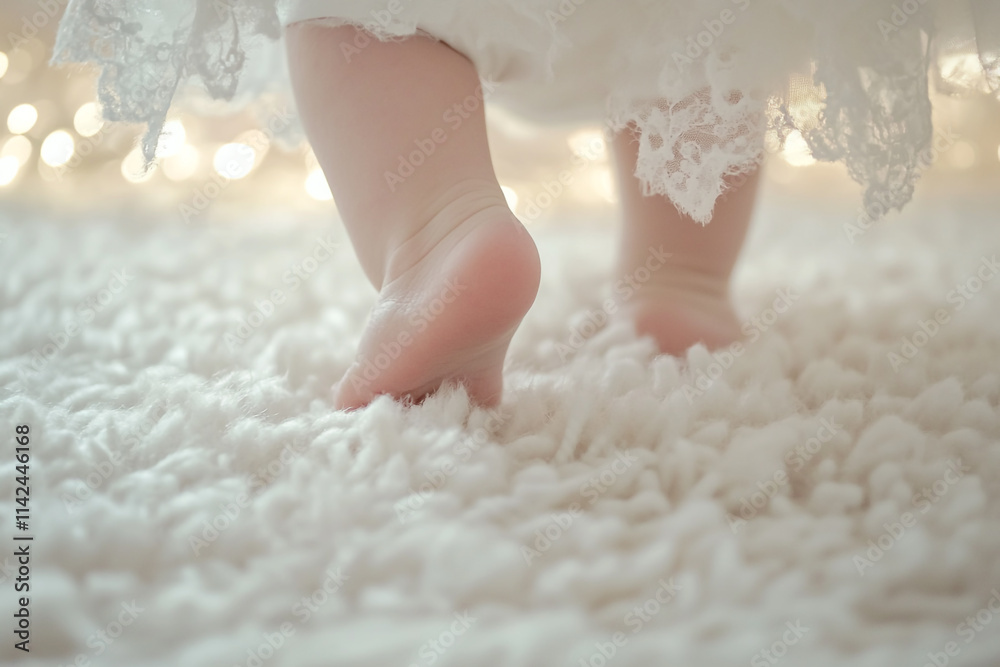 Baby feet walking on white carpet, close-up of a baby foot in focus. Close-up of a child's feet standing and jumping on a blurred background Baby feet walking on white carpet, close-up of a baby foot in focus. Close-up of a child's feet standing and jumping on a blurred background
