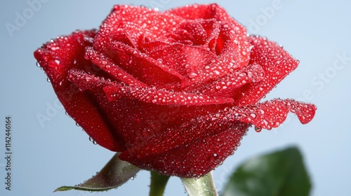 A close-up of a single red rose with dew drops, capturing its beauty and romantic significance