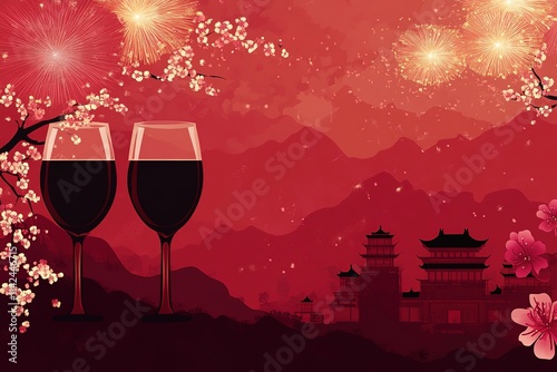 Inscription HAPPY NEW YEAR in Chinese language. Flutes of champagne in holiday setting
 photo