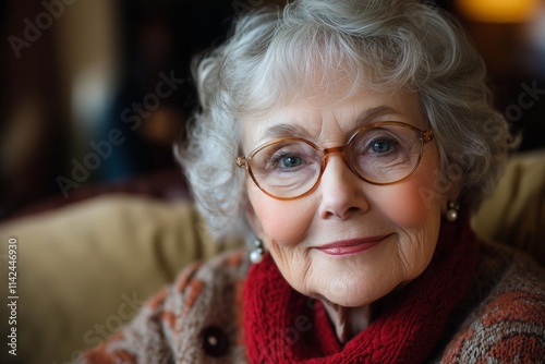 An elderly woman with gray hair, glasses, and a red scarf smiles warmly. photo