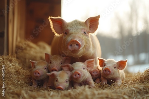 A group of piglets feeding next to their mother pig in a cosy barn. Generative AI