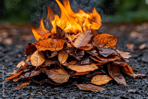 Flames consuming a pile of dried leaves, with intense orange and yellow tones against the dark ground
