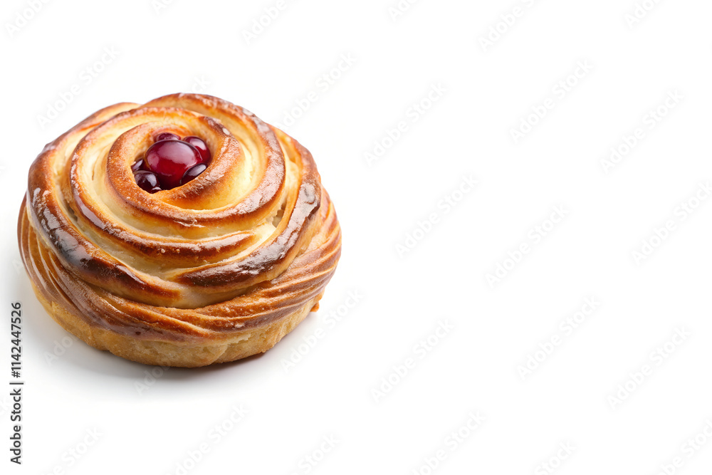 Fototapeta premium Spiral Pastry with Red Cherries on Top Placed Left Side Isolated on White Background with Copy Space