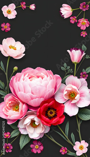 Wallpaper Mural Floral banner, header with copy space. Pink peony, white roses, red anemone, purple tulip isolated isolated on dark background. Natural flowers wallpaper or greeting card, Paper Cutout style. isolat Torontodigital.ca