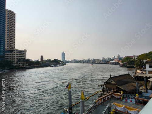 The beautifulview of Chao phraya river in the day at .port, Bangkok. photo