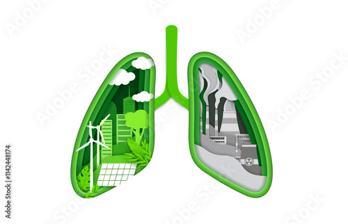 Paper cut lungs pollution and environment, green ecology conservation and health problem, vector concept. Factory and industrial toxic contamination smog and environmental pollution in papercut lungs