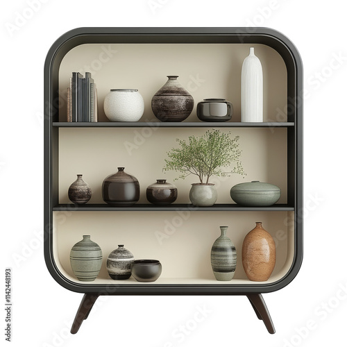 Contemporary display shelf showcasing various ceramic pots and decorative items in a modern setting