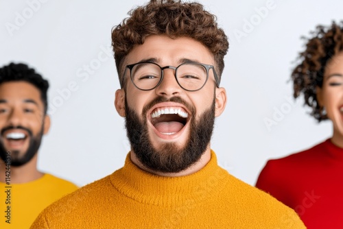 Friends enjoying a game of charades during a casual gathering, with exaggerated gestures and laughter filling the room photo