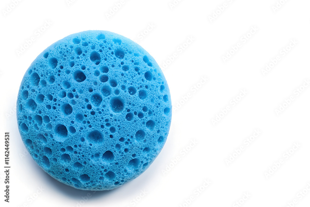Top View of Blue Round Sponge on Left Side with White Background and Copy Space Top View of Blue Round Sponge on Left Side with White Background and Copy Space