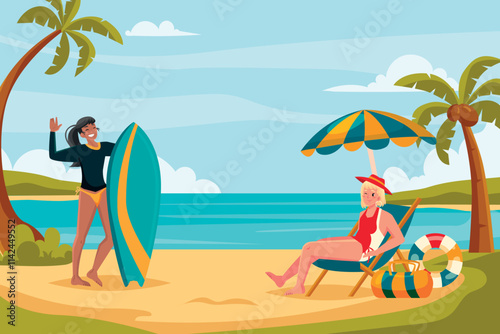 Tropical Beach Scene with Surfer and Sunbather