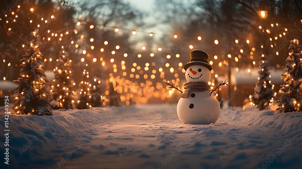 Obraz premium Festive snowman in a snow-covered park at night, surrounded by warm string lights and decorated trees.