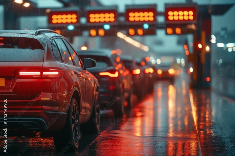 Cars queue at a tollbooth on a rainy night, with reflections of red lights glistening on the wet road. Cars queue at a tollbooth on a rainy night, with reflections of red lights glistening on the wet road.