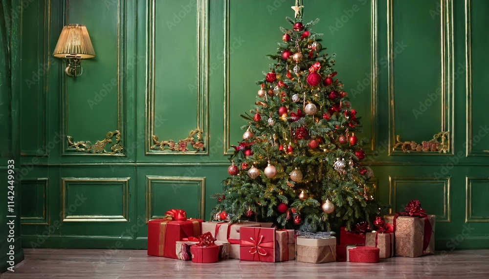 tree decorated for christmas, gifts in bright packages under the tree, against the background of a textured blue wall tree decorated for christmas, gifts in bright packages under the tree, against the background of a textured blue wall