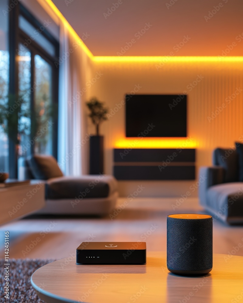 Smart home device setup modern living room interior design evening ambience close-up technology integration Smart home device setup modern living room interior design evening ambience close-up technology integration