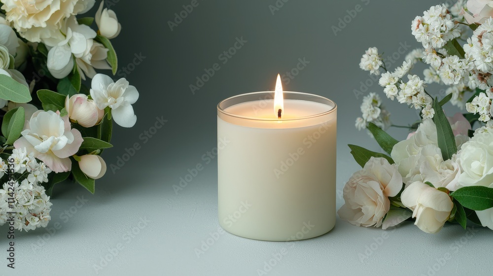 Warm Glowing Candle Surrounded by Fresh Flowers Warm Glowing Candle Surrounded by Fresh Flowers