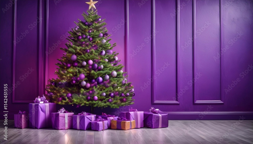 tree decorated for christmas, gifts in bright packages under the tree, against the background of a textured blue wall tree decorated for christmas, gifts in bright packages under the tree, against the background of a textured blue wall