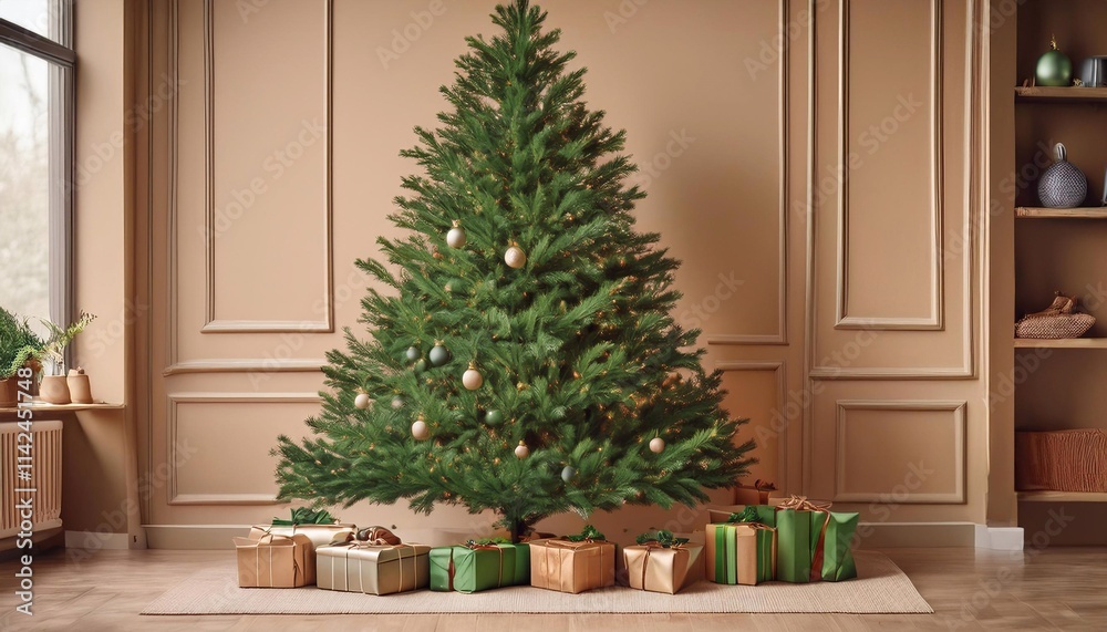 tree decorated for christmas, gifts in bright packages under the tree, against the background of a textured blue wall tree decorated for christmas, gifts in bright packages under the tree, against the background of a textured blue wall