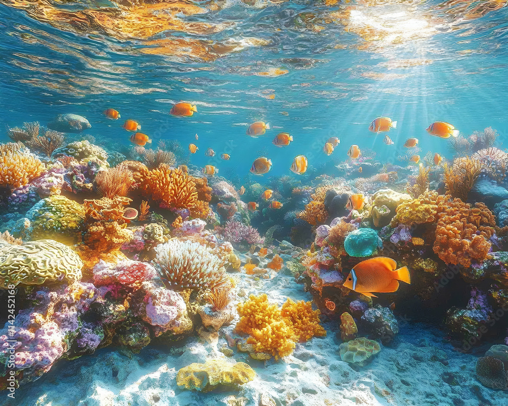 Fototapeta premium Vibrant Coral Reef Ecosystem Underwater Sunlight Tropical Fish Ocean.