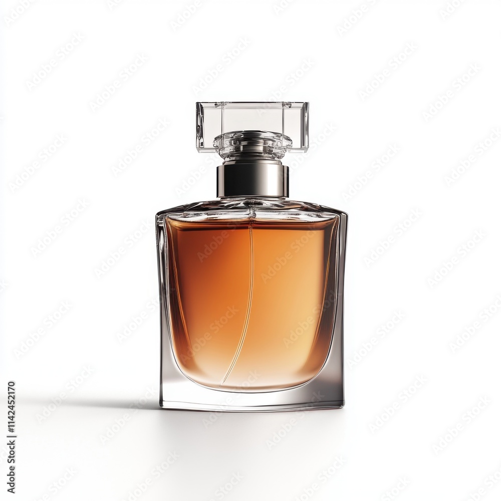 Elegant bottle of perfume displayed against a clean white background showcasing its rich amber color and sophisticated design Elegant bottle of perfume displayed against a clean white background showcasing its rich amber color and sophisticated design