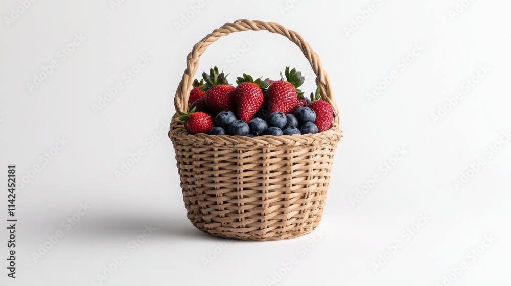 Fresh strawberries and blueberries in straw basket Fresh strawberries and blueberries in straw basket