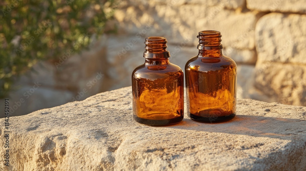 Two amber glass bottles with essential oils on stone Two amber glass bottles with essential oils on stone