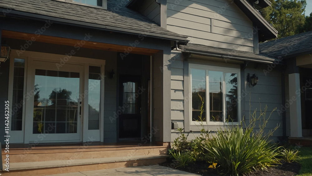 Fototapeta premium Exterior view of a gray-sided house with a large front door and windows. The house has a porch and landscaping. The siding is light gray, contrasting with the darker gray roof and trim.