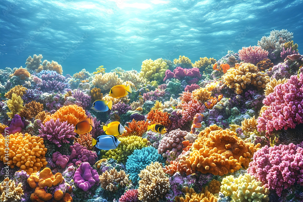 Naklejka premium Vibrant coral reef teeming with fish, underwater scene, sunlit ocean, marine life, nature documentary.