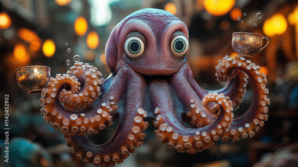 Obraz premium Whimsical purple octopus juggling teacups in underwater cafe with coral chandeliers, seashell tables, and amazed fish and crabs. Vibrant aquatic plants and glowing jellyfish backdrop.