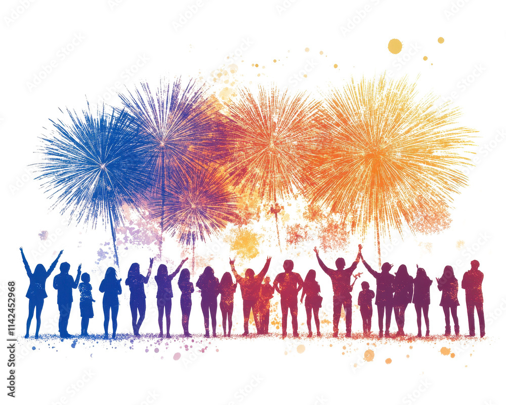 Silhouettes celebrating with fireworks in a vibrant display.