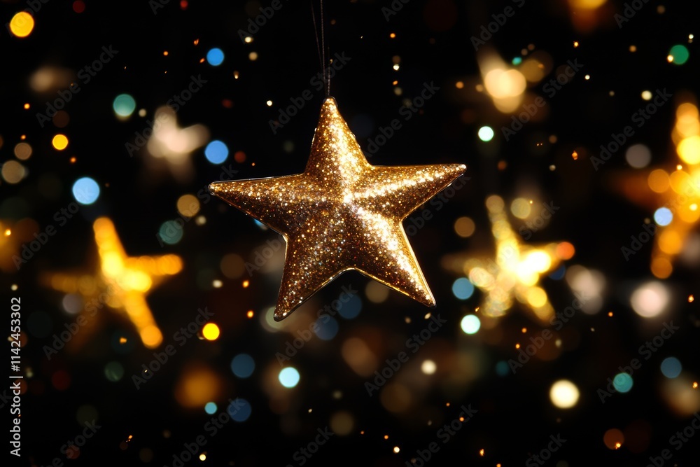 A shimmering gold star dangles from a string, surrounded by a warm glow of twinkling lights, embodying the festive spirit of Christmas. A shimmering gold star dangles from a string, surrounded by a warm glow of twinkling lights, embodying the festive spirit of Christmas.