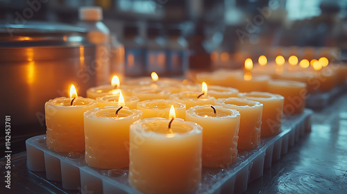 Macro view of candle wicks being threaded through molten wax silicone molds Wax melting pot and scent bottles in the background soft glow from nearby candles