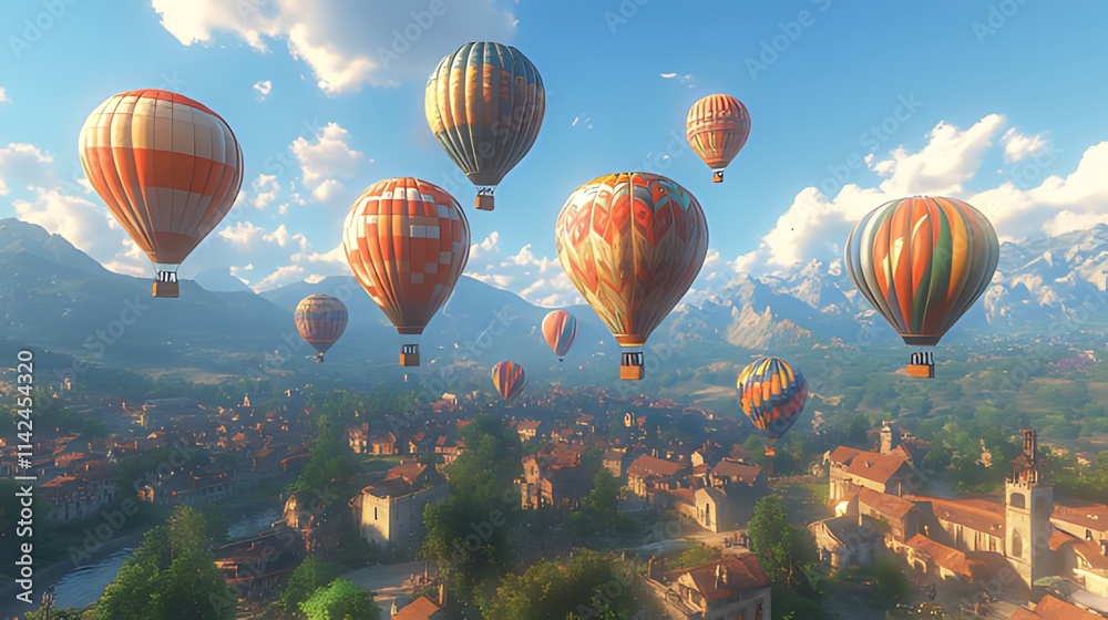 Obraz premium Colorful hot air balloons soar over a picturesque mountain village on a sunny day.