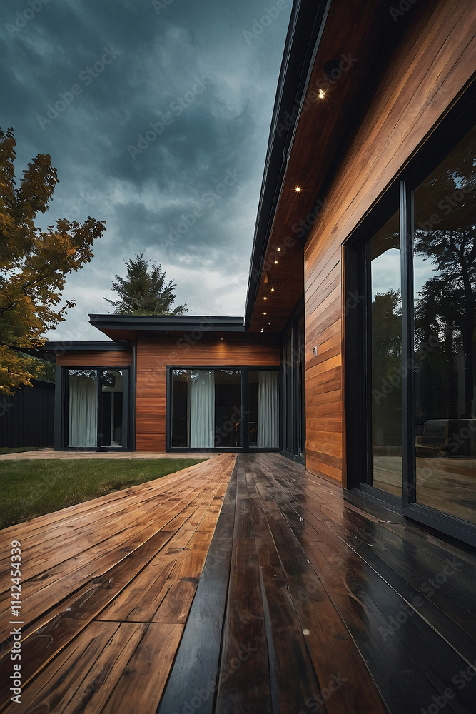 Fototapeta premium Modern home's exterior, showcasing dark wood siding, large windows, and a wooden deck. The sky is overcast. The perspective is from the deck, looking towards the house.