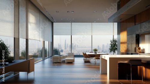 Dining area in a high-rise smart home  equipped with smart-controlled blinds  eco-friendly lighting  and modern furniture