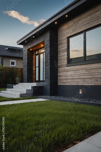 Modern home exterior at dusk. Features gray stone steps, wood siding, dark gray trim, and large windows. Landscaped lawn and walkway are visible.