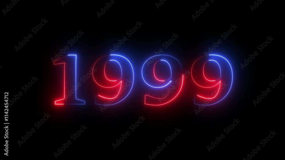1999 neon line text. Abstract 1999 neon text animation, Glowing neon number text background 4k video.