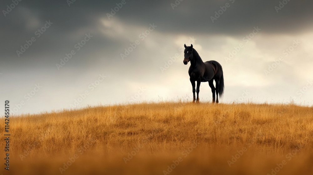 A solitary black horse stands on a grassy hill under a dramatic sky, embodying tranquility and strength in nature. A solitary black horse stands on a grassy hill under a dramatic sky, embodying tranquility and strength in nature.