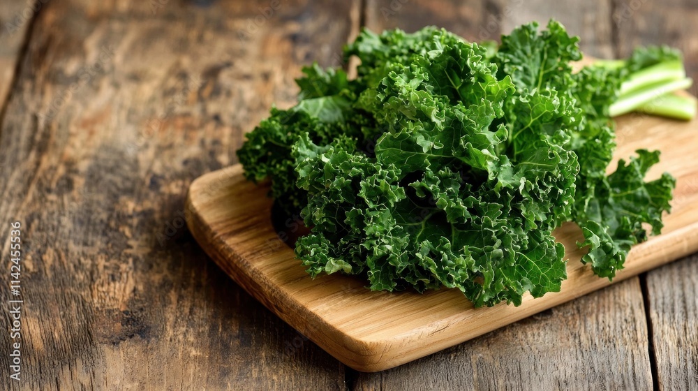 A fresh bunch of kale displayed on a wooden cutting board, highlighting its vibrant green color and textured leaves. A fresh bunch of kale displayed on a wooden cutting board, highlighting its vibrant green color and textured leaves.