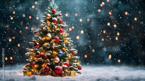 A front view of a playful Christmas tree surrounded by snow, decorated with oversized baubles and vibrant lights