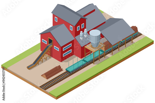 Isometric illustration of a sawmill building with a conveyor system loading logs onto railway wagons. Industrial facility for wood processing and lumber transportation.